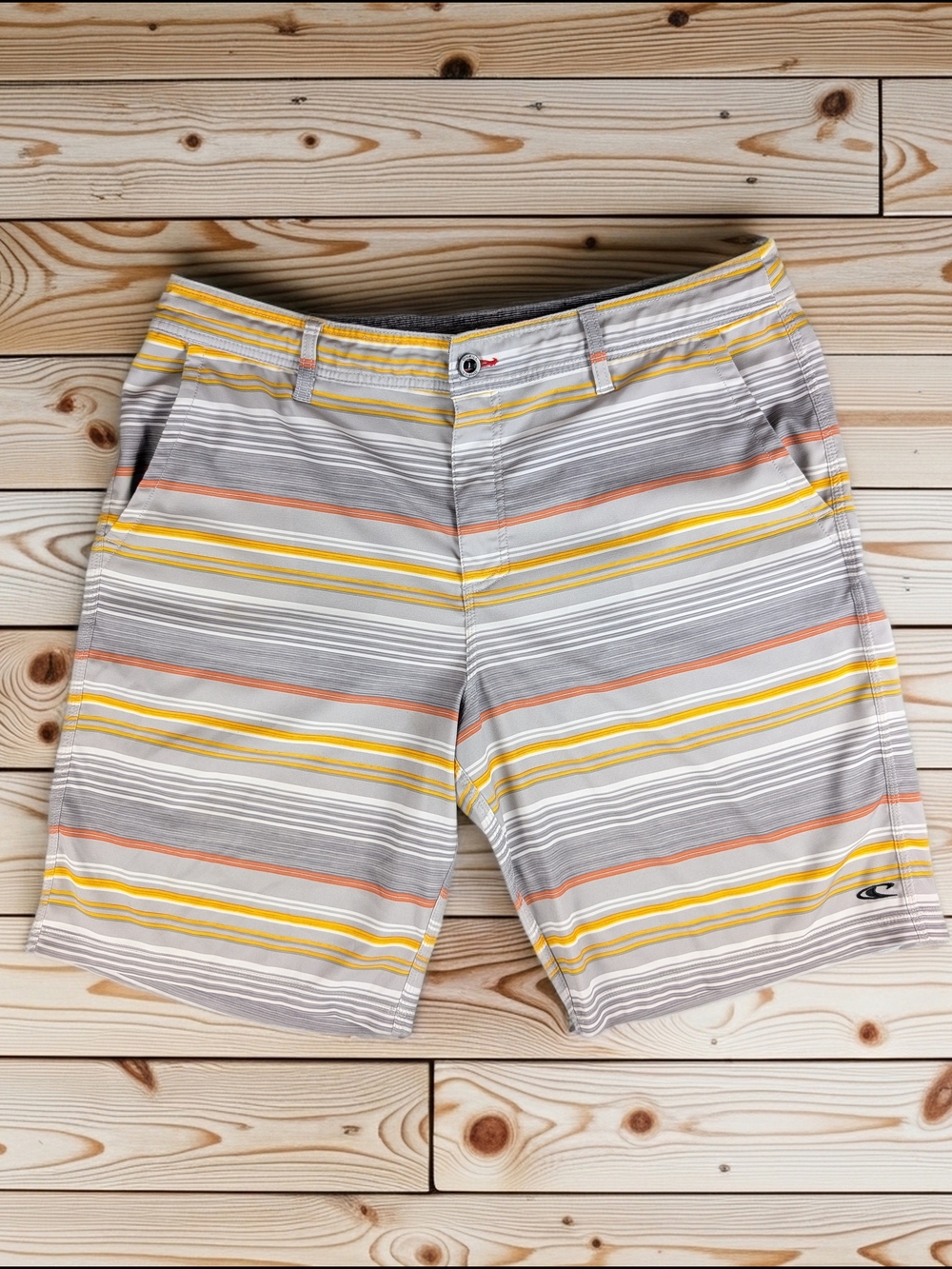 O'Neill Hybrid Shorts Men's 38 Striped Gray Yellow Orange Button Pockets 11"
